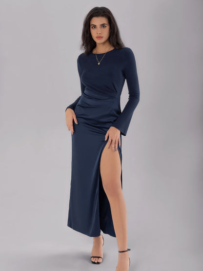 Split Round Neck Long Sleeve Midi Dress